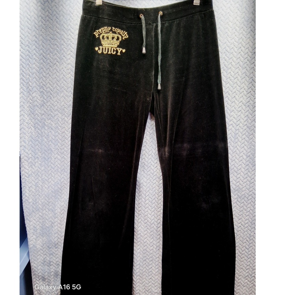 Y2K Juicy Couture Black Velour Track Pants Preppy Royalty Ivy League XL Vintage